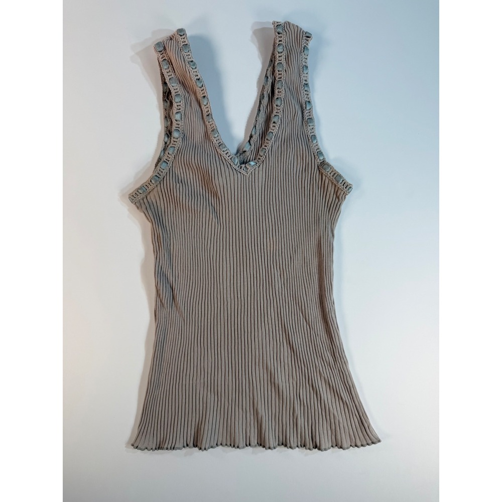 Free People Ribbed Knit V-Neck Tank Top Crochet Ribbon Trim Mauve Taupe Medium